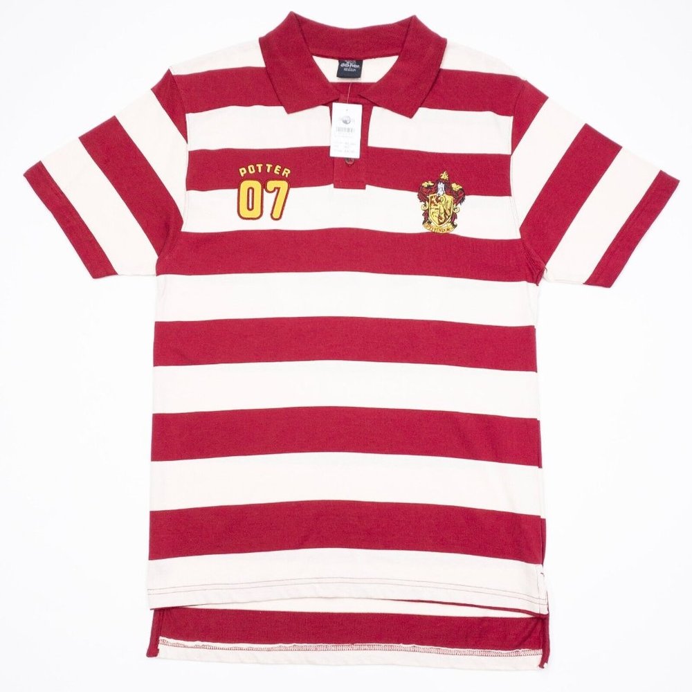 Harry Potter Gryffindor Polo Shirt Mens Medium Striped Short Sleeve Embroidered